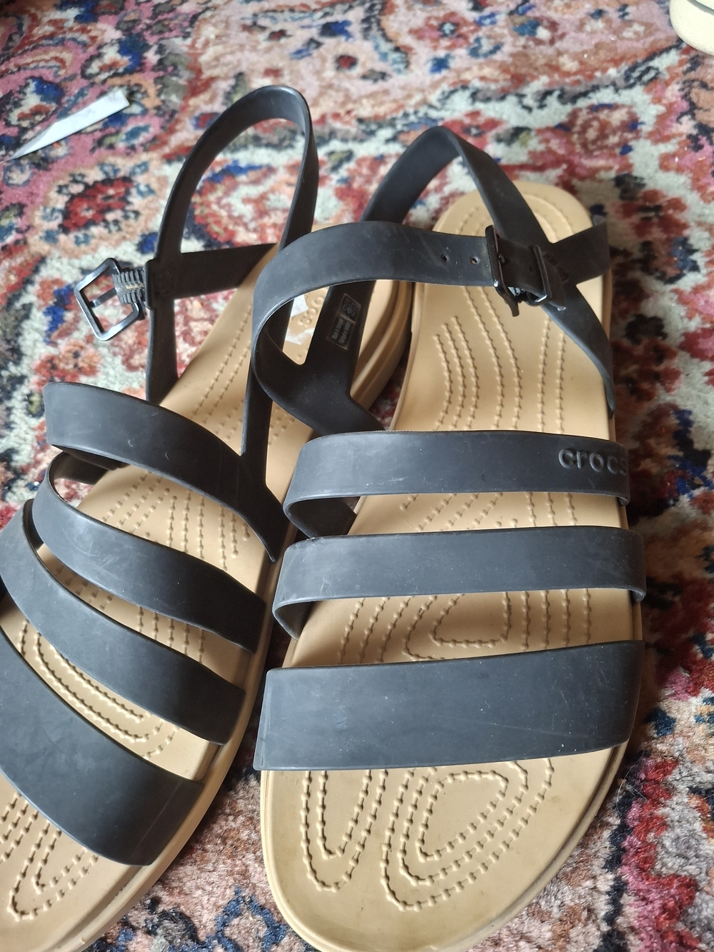 CROCS Women's Black Multi-Strap Sandal with Tan Footbed